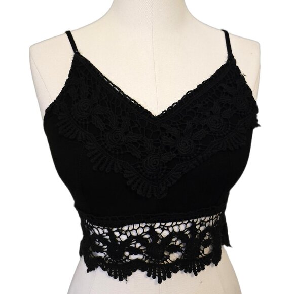 Womens Black Lace Trim Cami Crop Top Zip Up Bralette V-Neck Casual Beach Sz M - Picture 1 of 5
